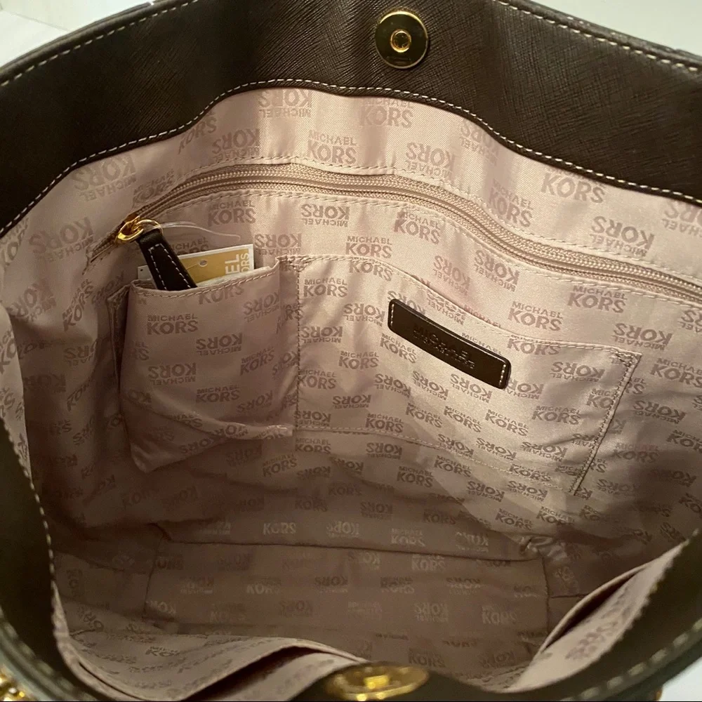 MICHAEL KORS NEW TOTE BAG BROWN SAFFIANO LEATHER JET SET GOLD CHAIN 2 STRAPS NWT - Picture 10 of 13